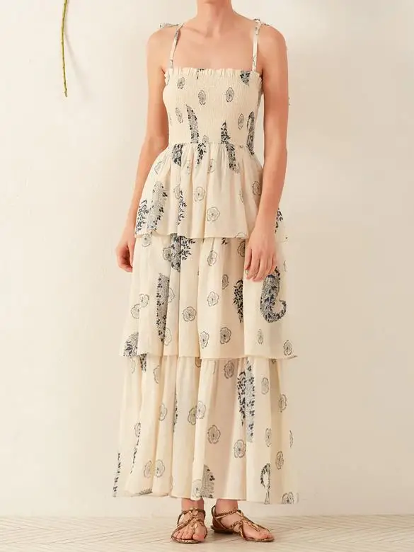 Lange zomerjurk voor dames, mouwloos, open rug, gelaagde strandjurk met gebonden bandjes en bloemen