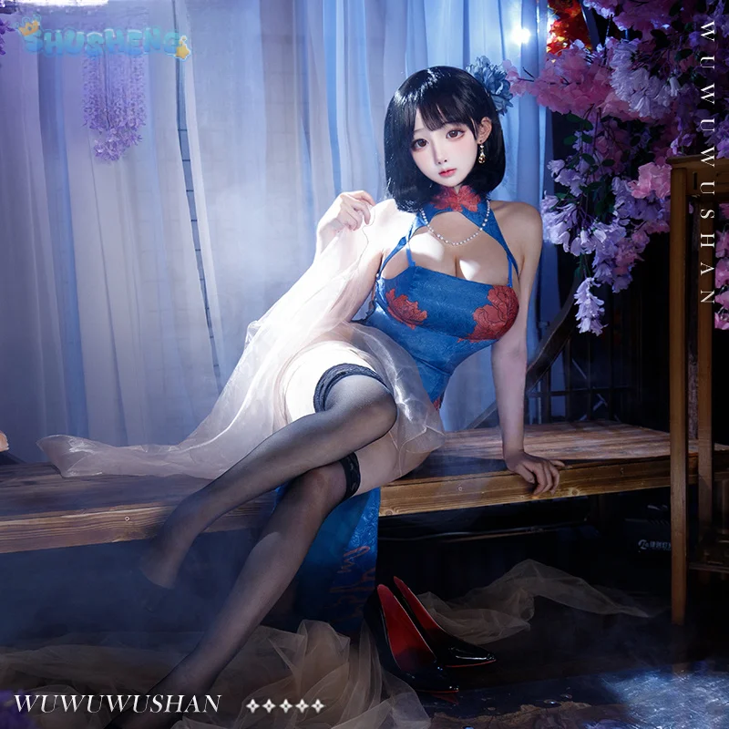 

Azur Lane Chien Wu cosplay costume Halloween carnival blue Chinese style qipao Woman sexy dress uniform suit wig set