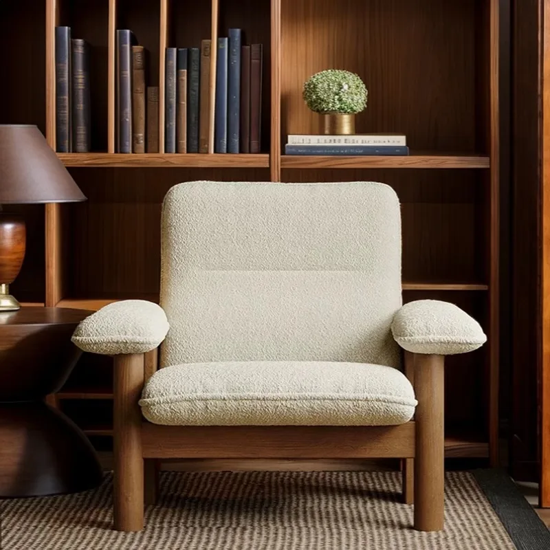 

Creative single chair retro solid wood sofa chair designer cream wind lamb wool fabric sofa chair