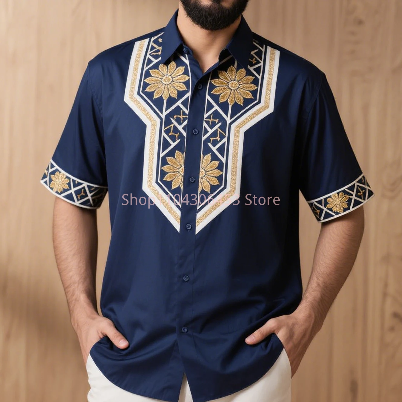 New Men Simple Retro Fashion Ethnic Pattern Printed Short-sleeved Lapel Shirt Light Breathable Light Color Business Casual Party