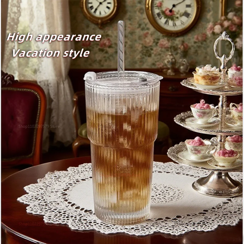 سعة كبيرة مع غطاء وقش كوب زجاجي بنمط عمودي كوب شاي فواكه كوب ماء للشرب كوب قهوة ثلج كوب شرب كوب شرب