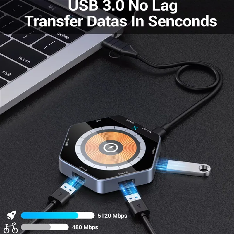 【ABUP】7 In 1 HUB 7 Ports QC3.0 Super Charge Type-C USB3.0 Dual Connectors 15W Fast Wireless Charging With TF SD Card Reader