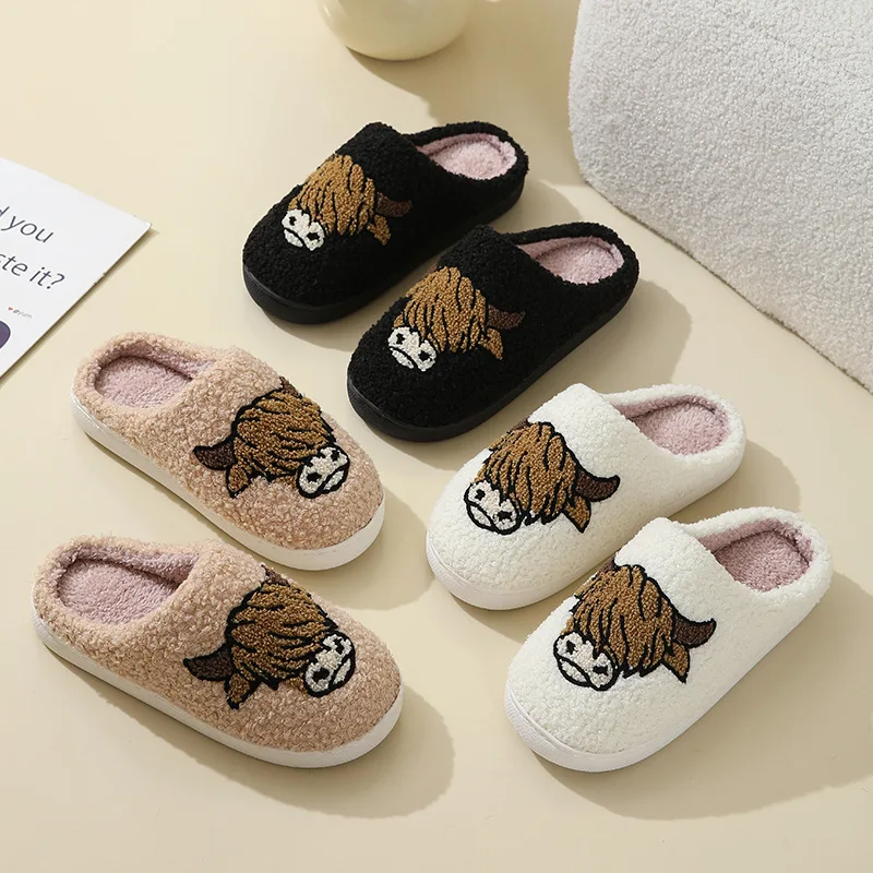 Winter Women\'s Slippers Cute and Interesting Cartoon Cow Pattern Indoor Warm Comfort Home Bedroom Soft Causal  Plush Shoes