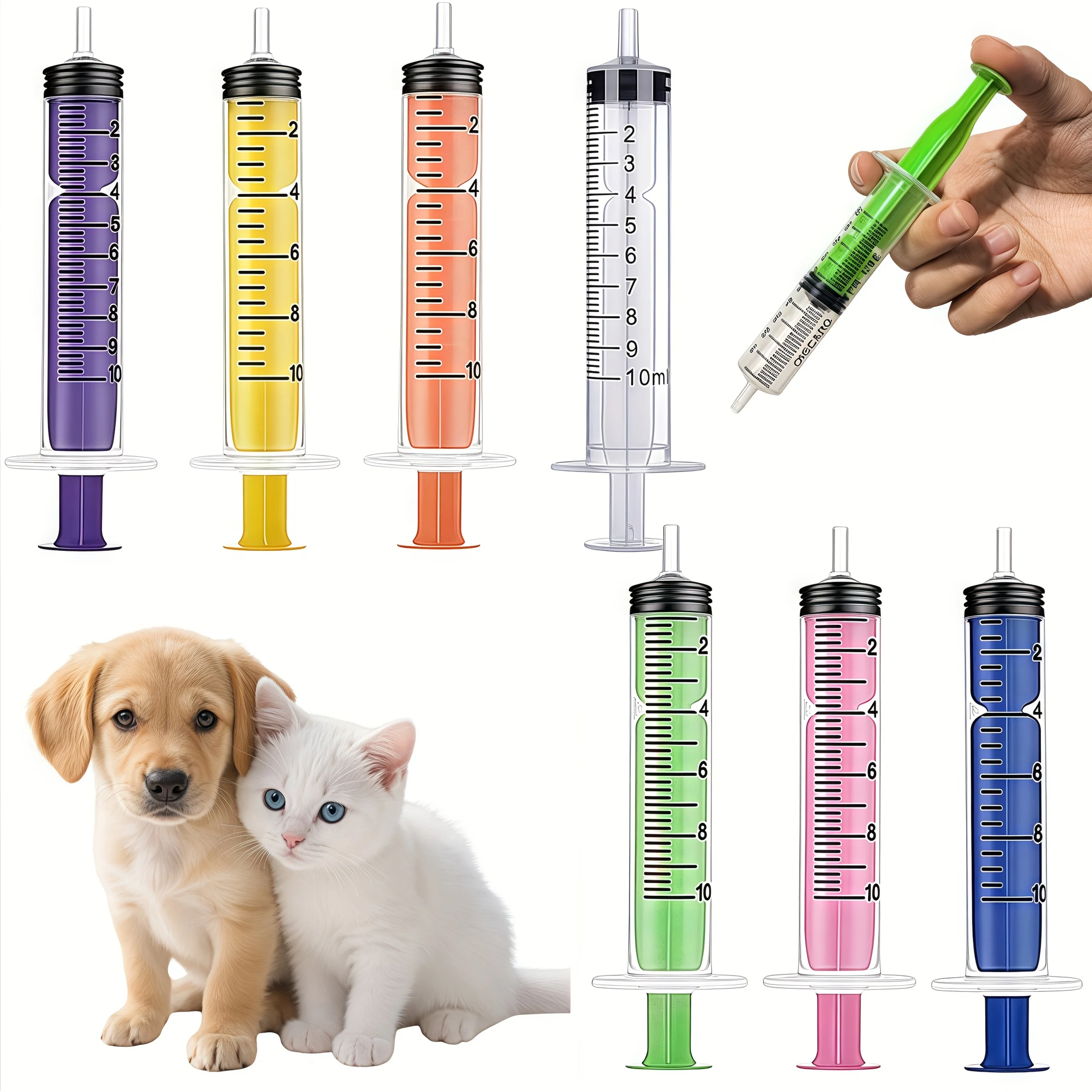 Paquete de 6/7 jeringas de colores de 10 ml con tapas, adecuadas para pegamento, dispensación y medición de líquidos, alimentación de mascotas, recarga de cartuchos de tinta, etc., blanco, amarillo, azul, morado, verde, rosa, naranja