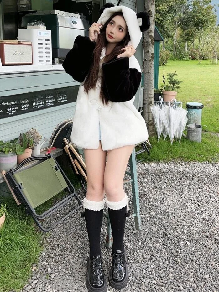 

Lamb Fur Jacket 2024 Winter New Cute Soft Plush Bear Ear Loose Thickened Cotton Coat Sweet Style Mid-Length Long Sleeve Coat