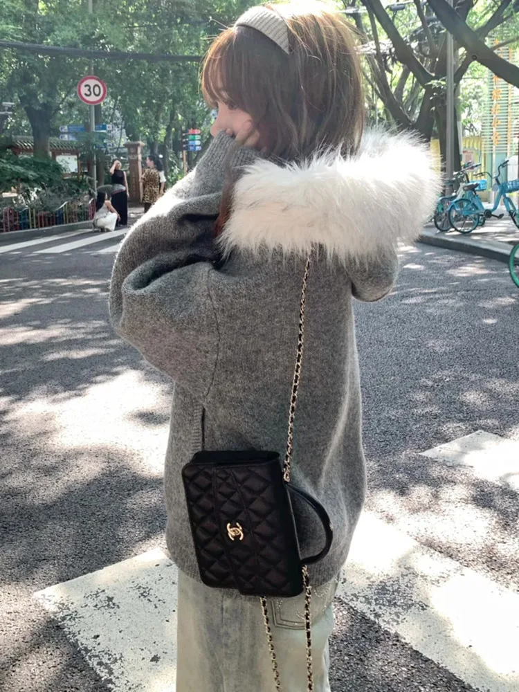 

Korean Style Loose Fit Grey Knitted Open Cardigan Sweater Women's Autumn Winter Small Size Coat Top with Large Fur Collar