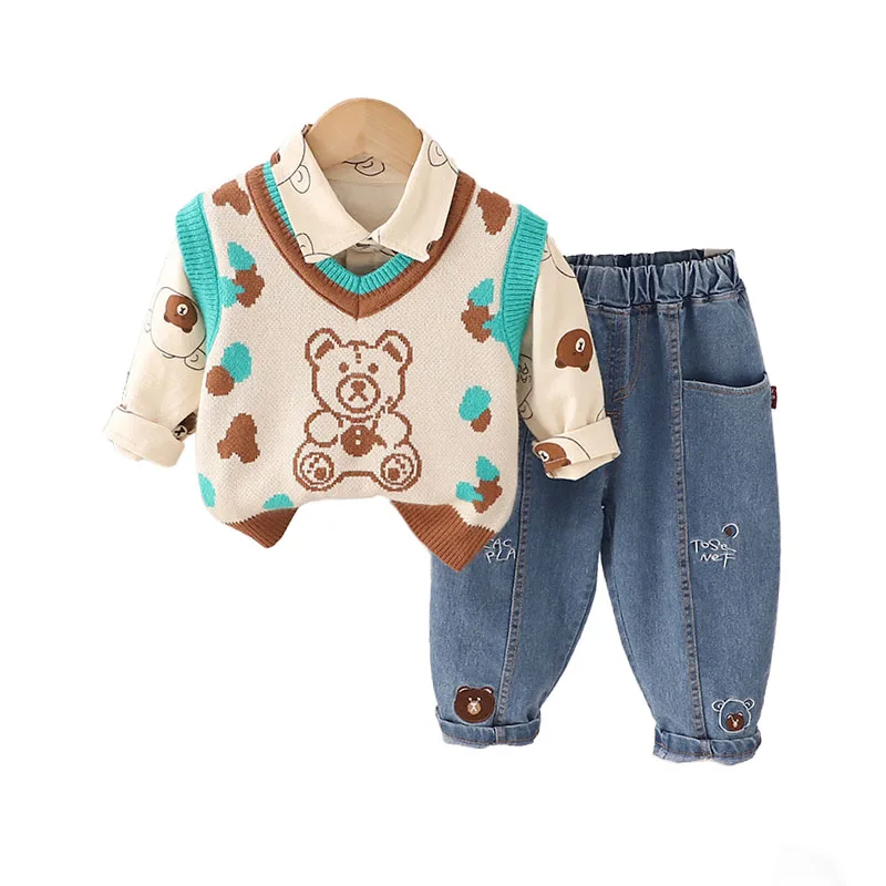 

Boutique Kids Sets 2024 New Fall Baby Boy Clothes Free Shiping Lovely Cartoon Knitted Sweater Vest + Shirts + Pants Boys Outfits