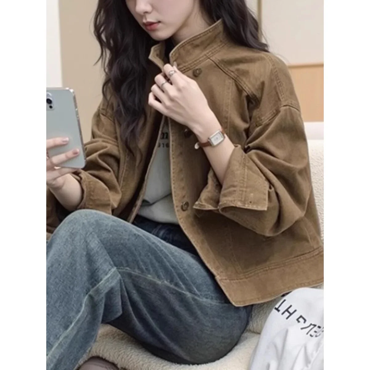 

Retro Coffee Brown Denim Short Jacket Loose Stand Collar Workwear Jacket Spring Autumn Women's Fashion Outerwear