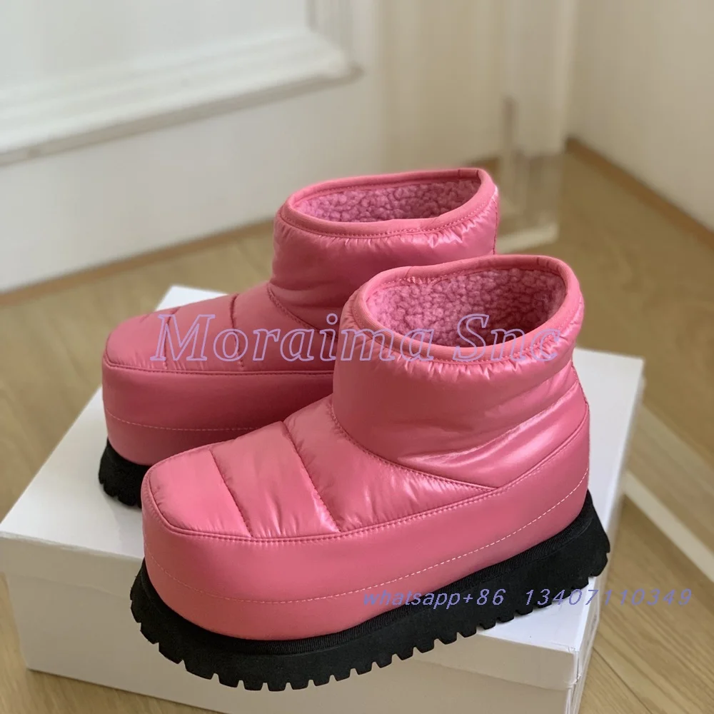 2024 New Thick Sole Platform Down Boots Round Toe Flat With Sexy Fashion Women's Ankle Boots Pink Solid Autumn Winter Slip On