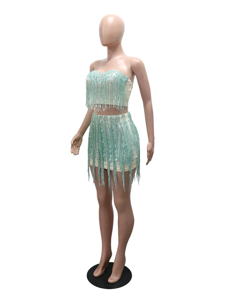 Weird Puss Sequin Tassel 2-Piece Set Women Sexy Luxury Strapless Tops+Zip Skinny Skirts Midnight Wild Hottie Coquett Clubwear