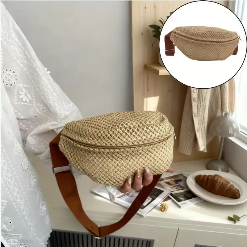 Women's Woven Crossbody Bag with Zipper Closure | Light Brown Bohemian Waist Bag, Breathable Fabric Lining, Gold Hardware, Beige/Brown Design, Suitable for Beach, Travel, and Everyday Casual Use.
