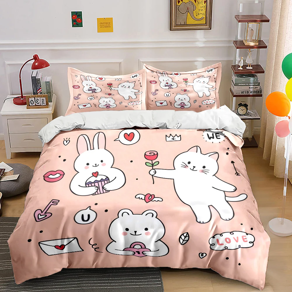 

3PC Cute bunnies and love elements Print Bedding Set 1 Duvet Cover 2 Pillowcases for Adult and Children Luxury Gift Full Size