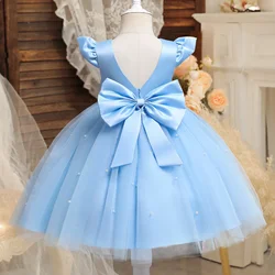 Baby Girl Elegant Princess Dresses Kids Christening Prom Gown 1st Birthday Party Girl Wedding Tutu Bow Beading Dress 1-5Yrs