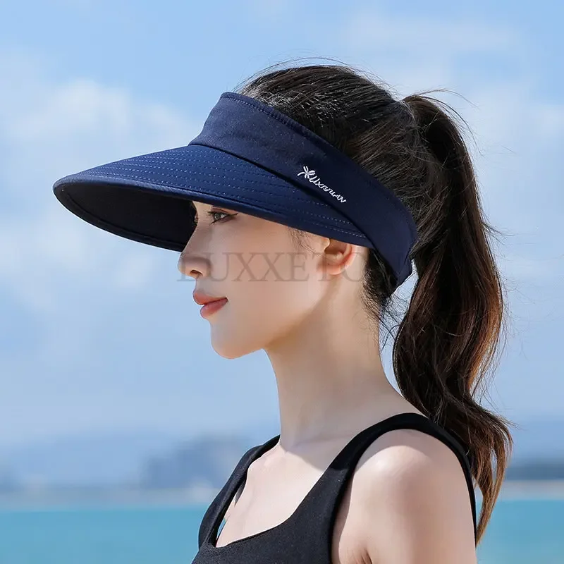 Summer Women Ponytail Empty Top Cap Wide Brim Anti-UV Bowknot Beach Hat Ladies Foldable Zipper Decoration Travel Sunscreen Caps