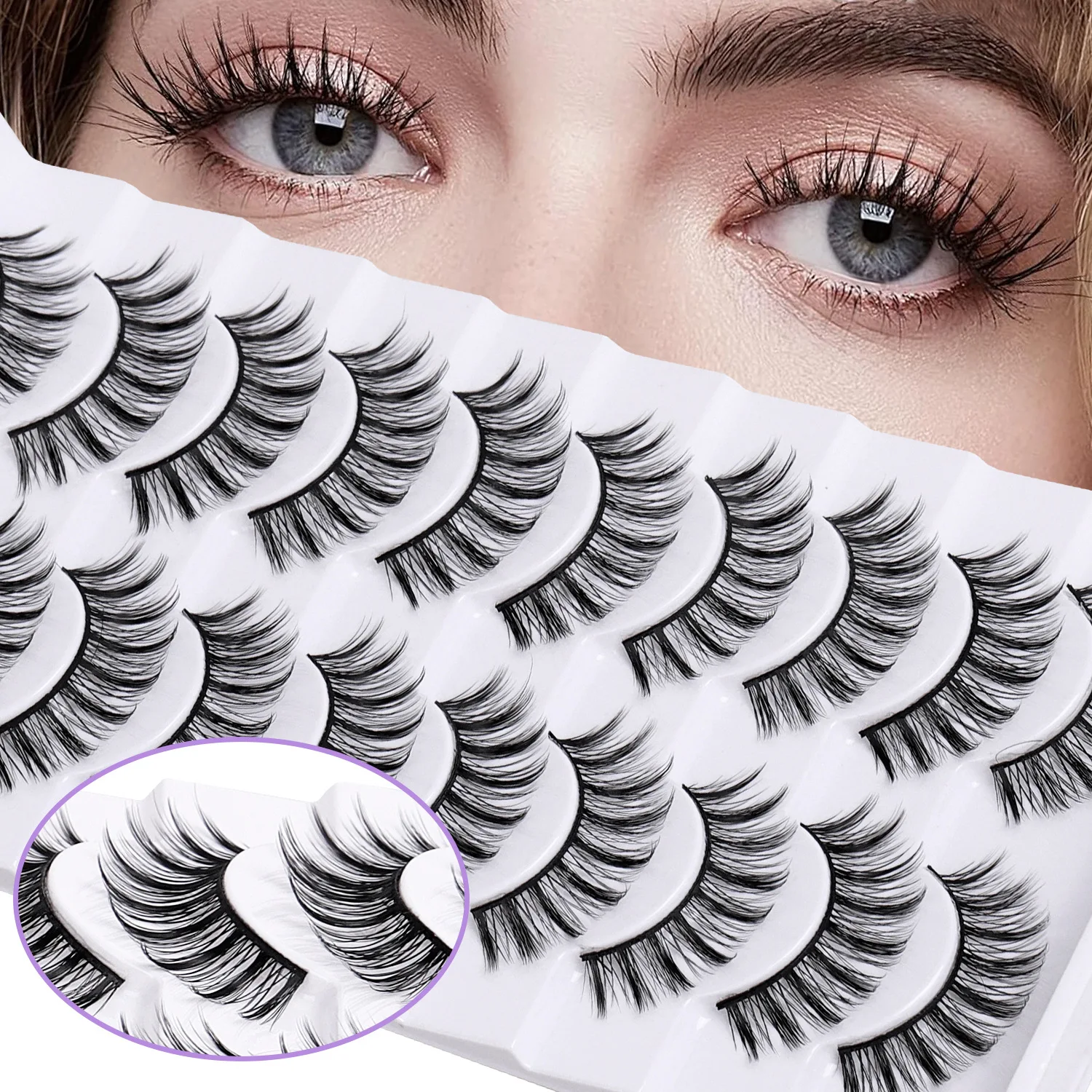 New 10 Pairs Manga Lashes Natural Eyelashes Soft Cross Wispy Clear Band False Eyelashes Doll Eyes Lashes Cosplay Extension