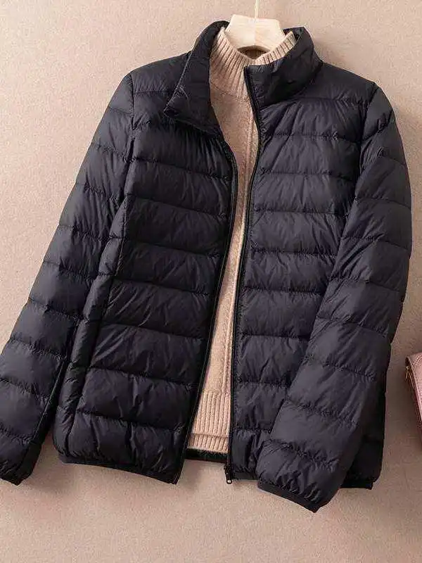 

Черная легкая пуховая куртка из хлопка для женщин, укороченная модель с воротником-стойкой, тонкий внутренний жилет, модный городской стиль, нейлоновая ткань