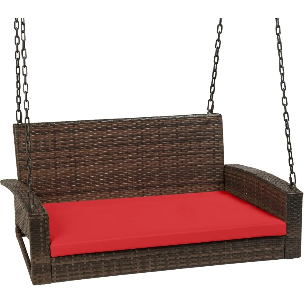 Woven Wicker Outdoor Porch Swing, Hanging Patio Bench for Deck, Garden w/Mounting Chains, Seat Cushion