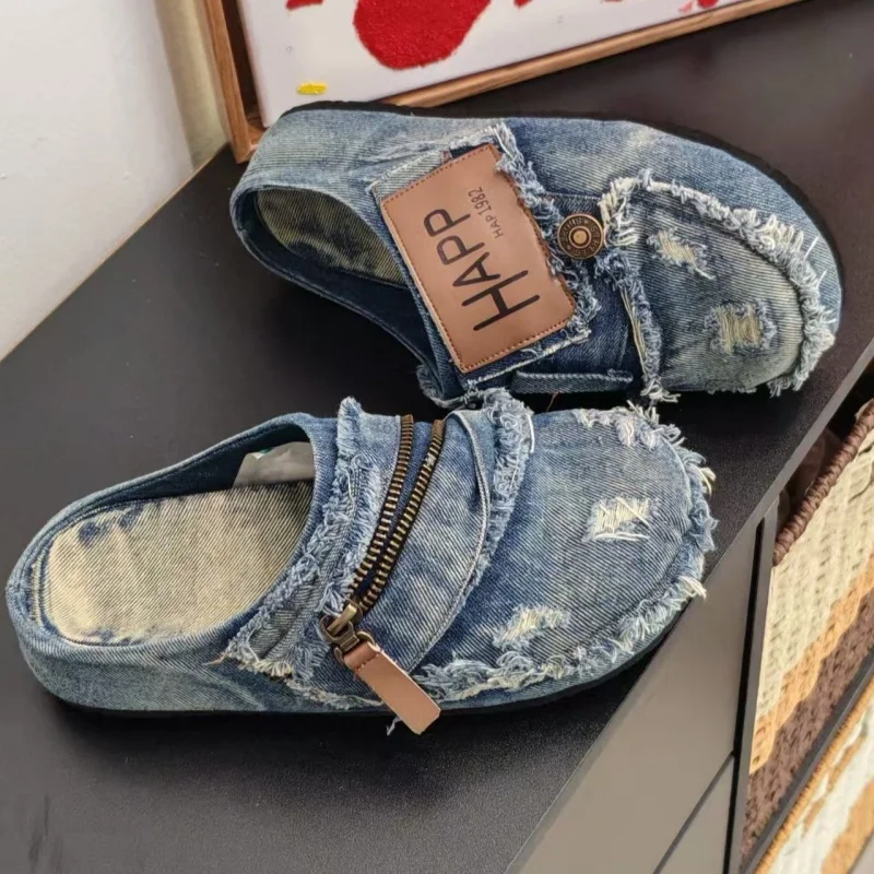 Denim-Mode Herren Freizeitschuhe Sommer Slip-On Halbschuhe Bequeme Loafer Plateau-Sandalen Atmungsaktive Wanderschuhe