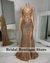 Sparkly Gold Mermaid Prom Dresses Straps Lace-Up Beading Lace Appliques Evening Dress Aso Ebi Birthday Party Gowns Bridemaid