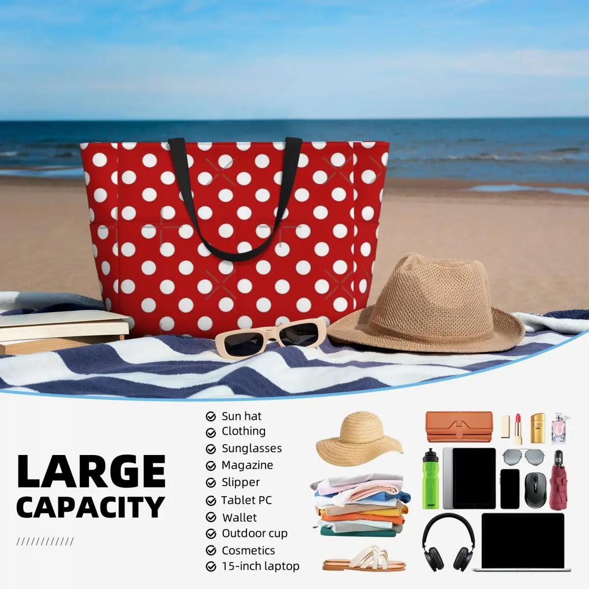 Red With White Polka Dots Beach Travel Bag, Tote Bag Customizable Large Capacity Gifts Shoulder Bag Multi-Style Pattern