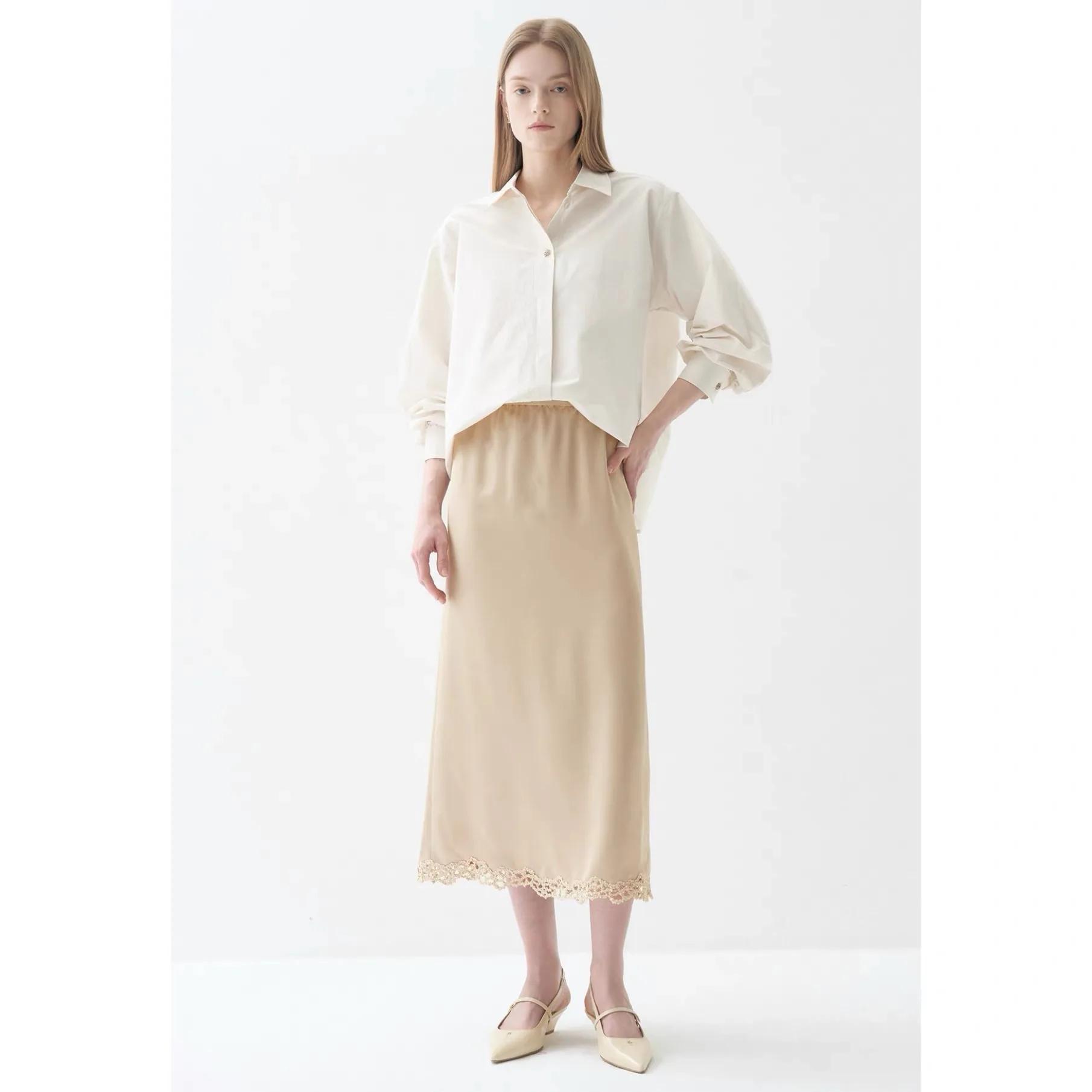 

NingYao LAN26 Spring Elegant Fashion Anti-Wrinkle Elastic Waist Hollow out Splicing Straight Long Half-length Skirt