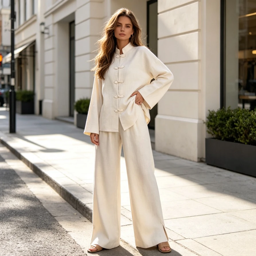 

Women 2 Piece Set Shirt Wide Leg PantsSingle Breasted Top Trousers Outfits Eid Suit Muslim Morocco Dubai Islam Casual Ensemble