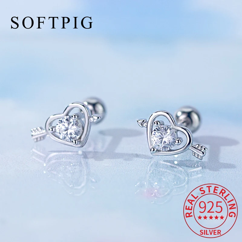 

SOFTPIG Real 925 Sterling Silver Piercing Screw Bead Heart Zircon Mini Stud Earrings for Women Cute Fine Jewelry Accessories
