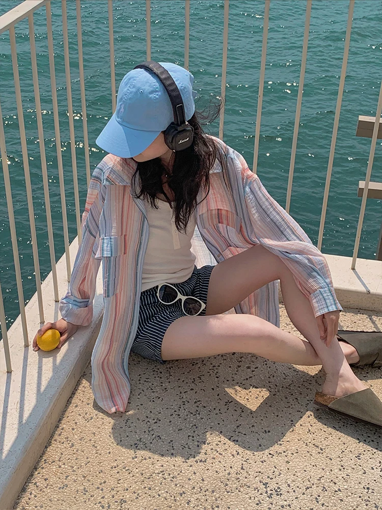 

Mediterannean Holiday Vintage Loose Sun Protection Long Sve irt Light Transparent French Sle Striped Loose Fit Women's...