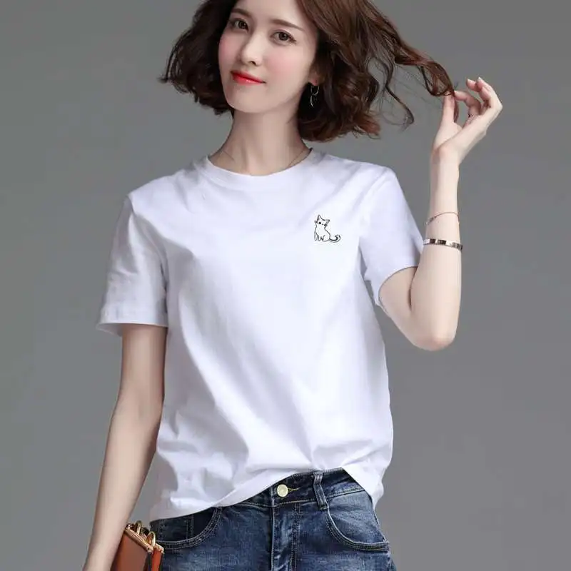 

Women's Loose Crewne ort Sve T-irt Faionable Casual Cotton Top round Neline Embroidery Details Commute Sle