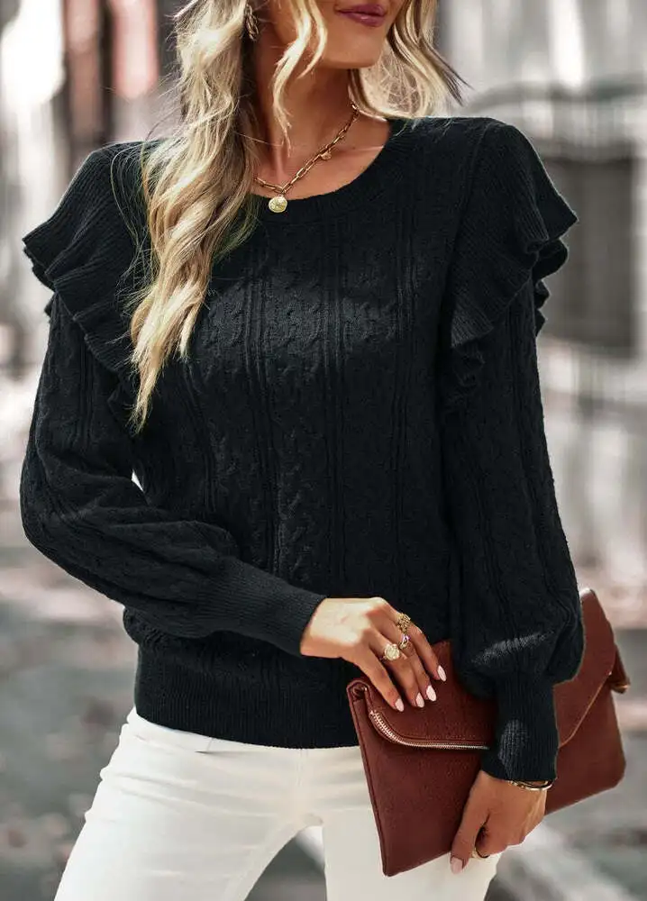 Cable Knit Ruffle Shoulder Sweater Solid Color Round Neck Long Sleeve Pullover Fashion Fall Winter Clothes for Women