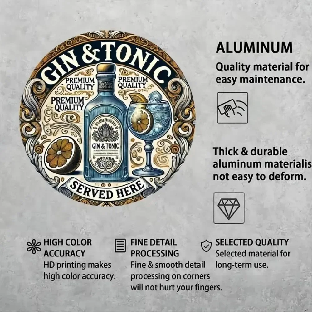 جين فينتاج برو ™   لوحة صفائح حديد عتيقة - علامة دائرية من الألومنيوم "GIN Tonic خدم هنا"، ديكور منزلي ريفي متين