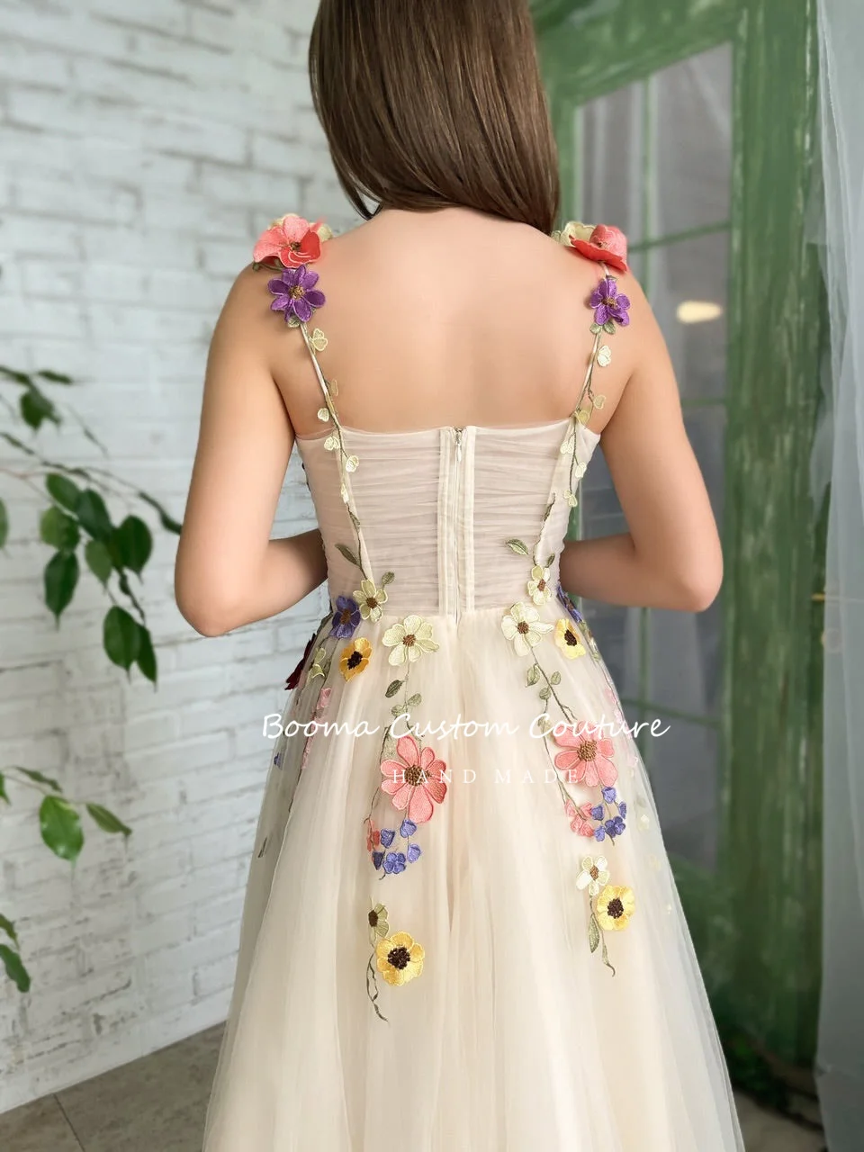 Booma-Bege Floral Tulle Midi Prom Dresses, Sweetheart Appliques, vestidos de casamento A, vestidos de noite elegantes para mulheres