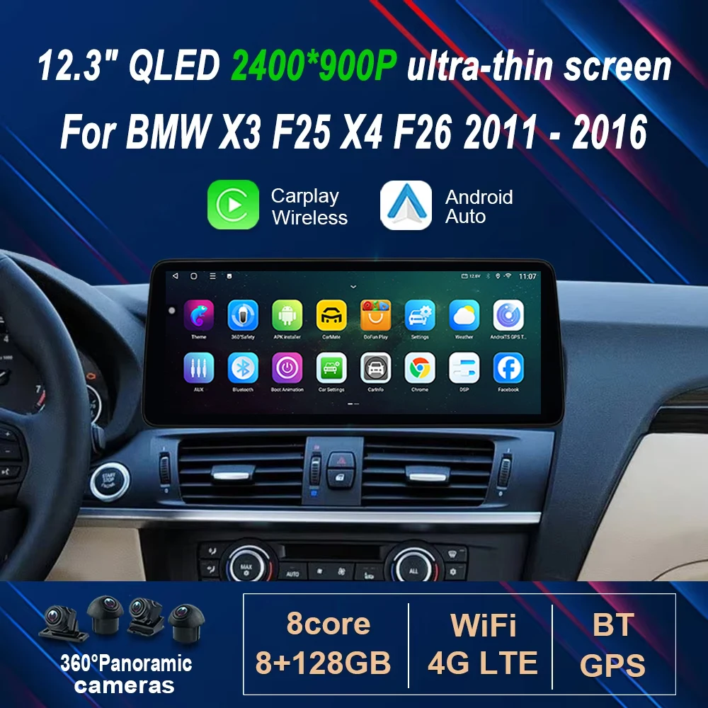 for BMW X3 F25 X4 F26 2011 - 2016 Wireless Carplay 12.3' Ultra-thin Android 16 GPS 4G WIFI Car Radio Video Multimedia Player
