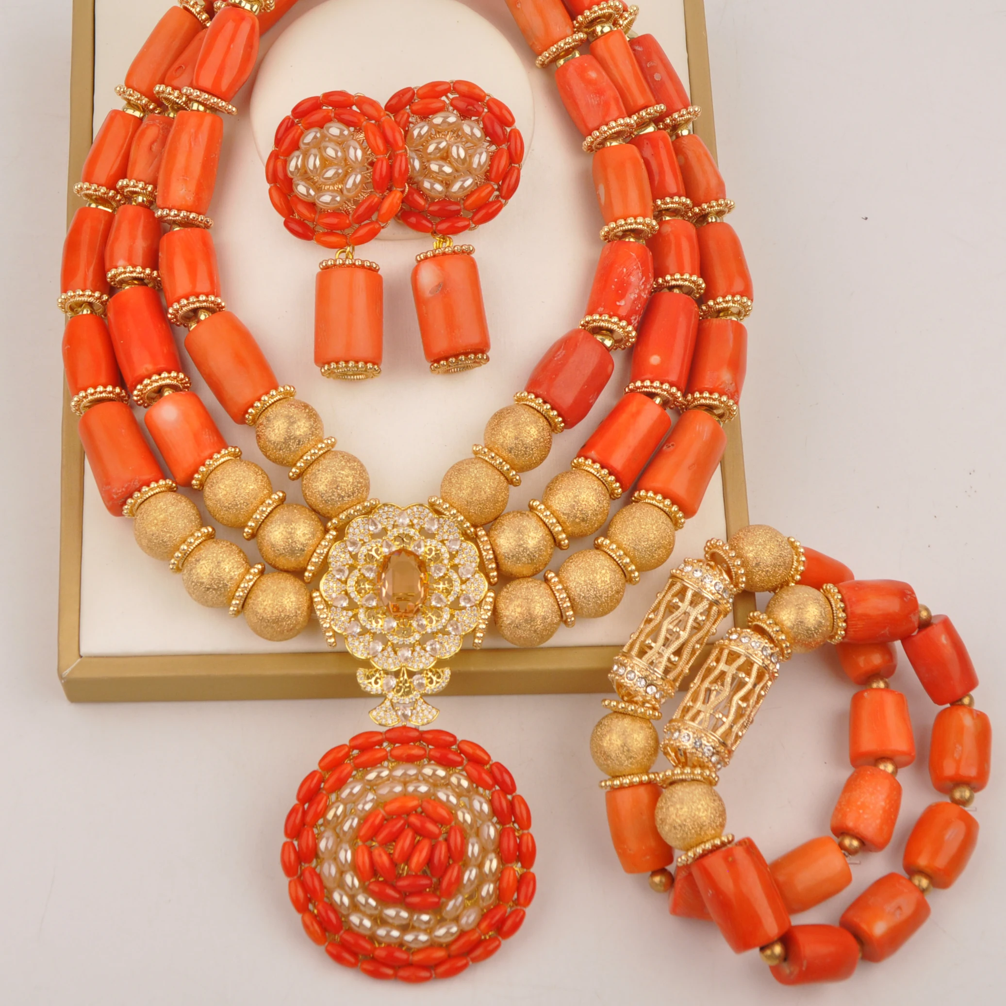 Real Coral Nigerian Wedding Set Orange Wedding Jewelry Necklace African Jewelry Jewelry set