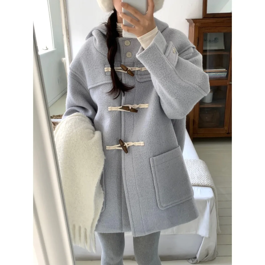 여성용 울 코트 가을 겨울 한국 스타일 달콤하고 부드러운 안티에이징 귀여운 버튼 후드 따뜻한 대형 코트