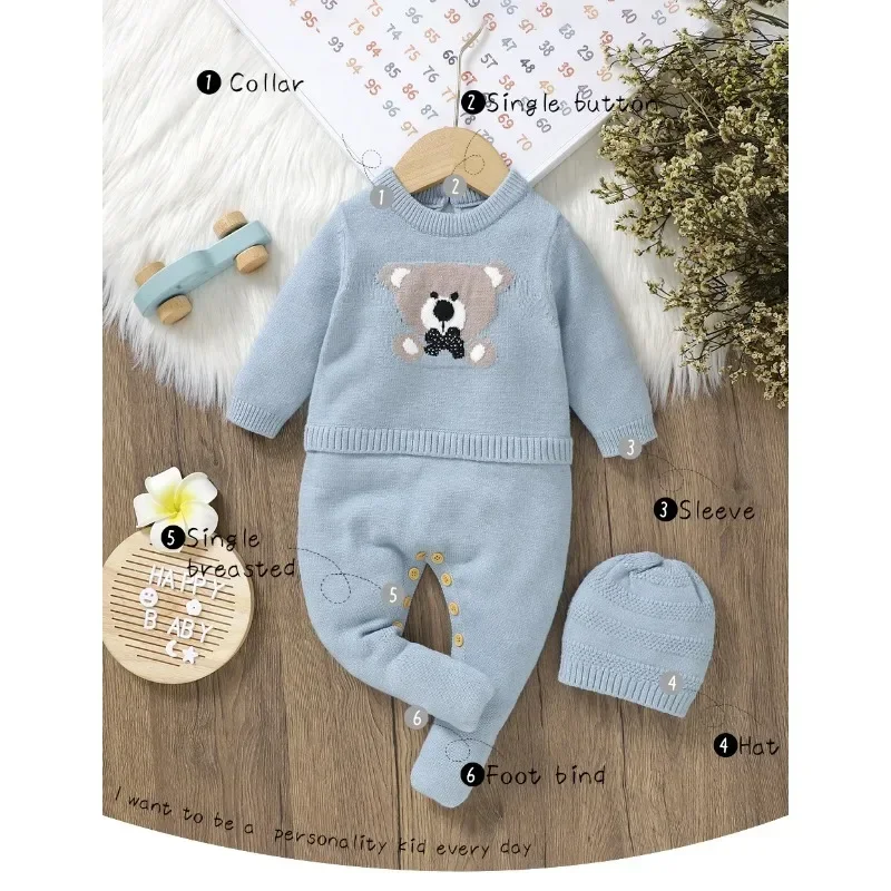 Baby Rompers Blue Long Sleeve Knit Set 0-9m Infant Jumpsuits Winter Wear Spring Autumn Newborn Boys Outwear Rompers Hats Clothes