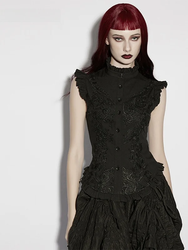 

Gothic Style Embroidered Shirt Women's Sleeveless Waist-Cinched Button-Up Slim Fit Vintage Ruffle Hem Stand Collar Top