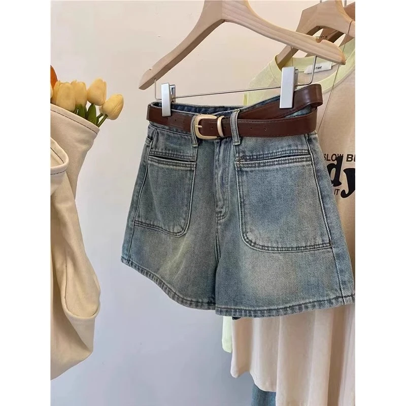 

Retro Blue Denim Shorts for Women's Summer New High Waist A-line Wide Legs Jean Shorts Fashion Woman Streetwear Clothing Female