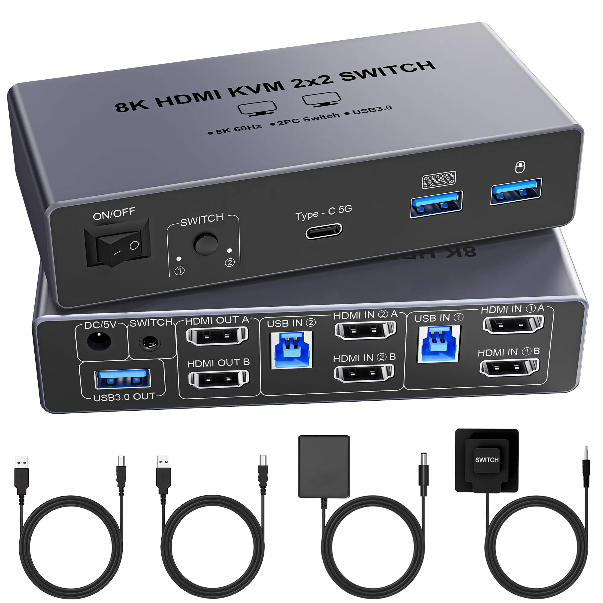 

8K@60Hz HDMI KVM Switch 2 Monitors 2 Computers 4K@144Hz,USB 3.0 Dual Monitor KVM Switch for 2 PC Share 2 Monitor 4 USB3.0 HUB