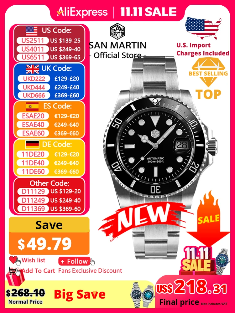 

San Martin Upgraded Version 40mm Water Ghost Diver Watch Men Luxury Automatic Mechanical Watches Sapphire Waterproof 200m SN0017