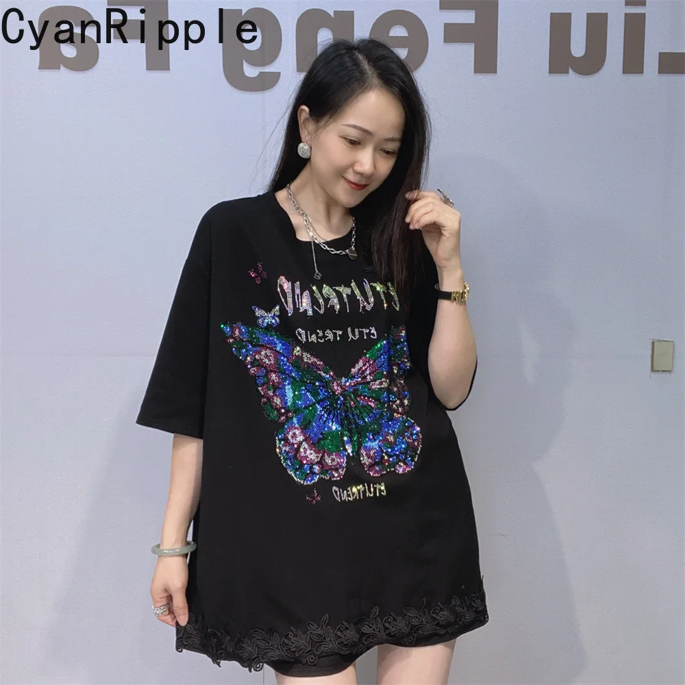 

Oversize Spring Summer Women T-shirt Lace Splicing Round Neck Pullover Top All-match Hot Diamonds Butterfly Short Sleeve Tees