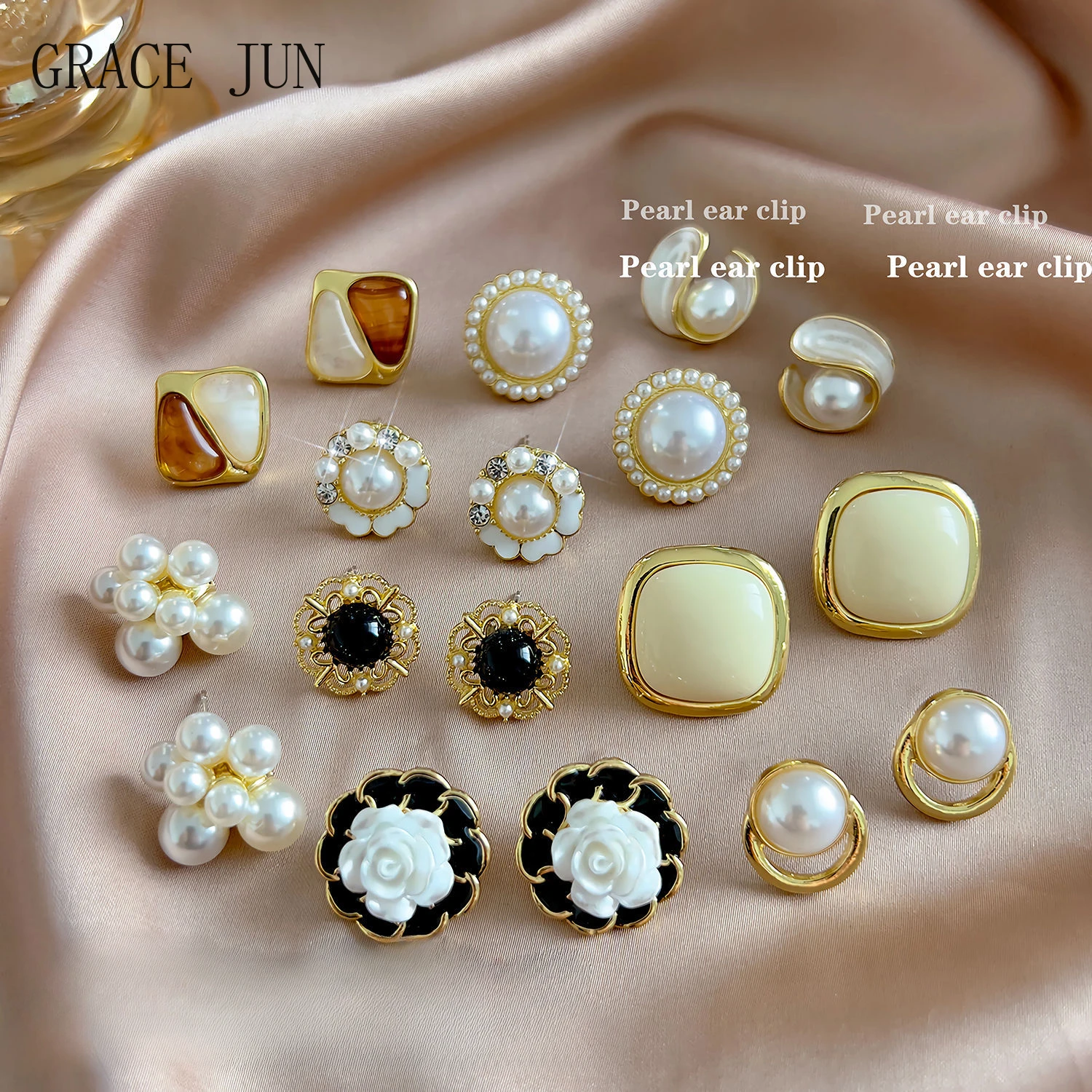 GRACE JUN, recién llegado, pendientes de Clip de Color dorado para mujer sin puño perforado, pendientes de moda con Clip de oreja de perla esmaltada, joyería