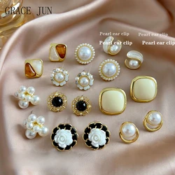 GRACE JUN New Arrival Gold Color Women's Clip on Earrings Without Pierced Cuff Earrings Fashion Enamel Pearl Ear Clip Jewelry