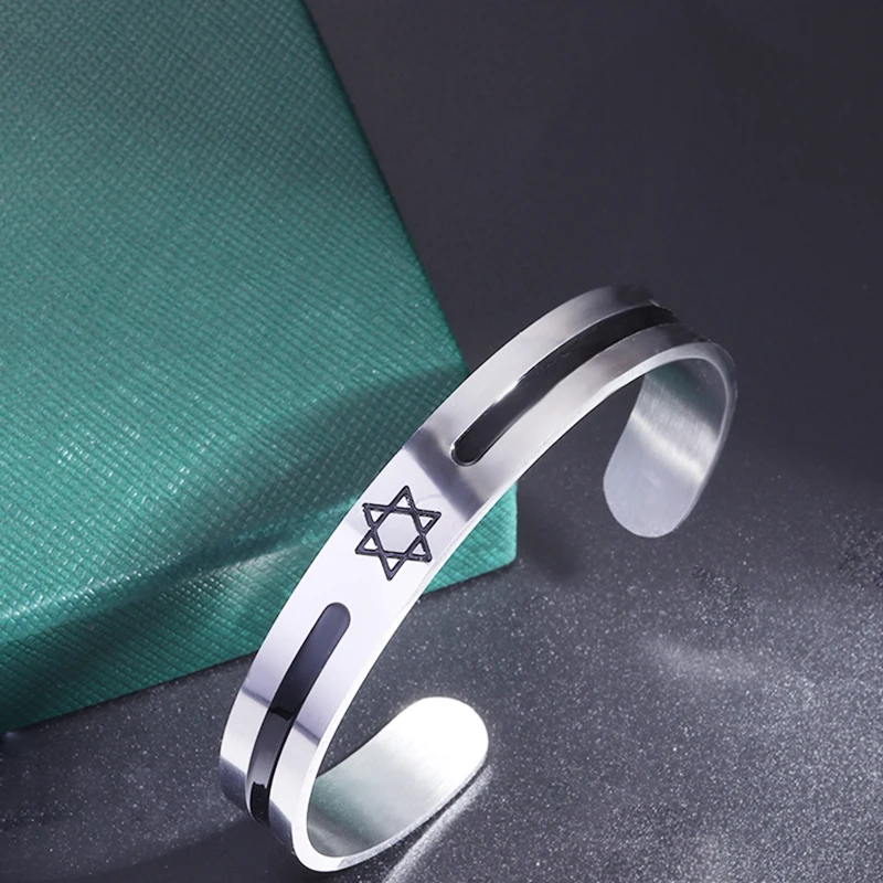 Solomon Seal Star of David Symbol Bracelet Men Women Stainless Steel Cuff Bracelet Judaism Hexagram Religious Amulet Jewelry