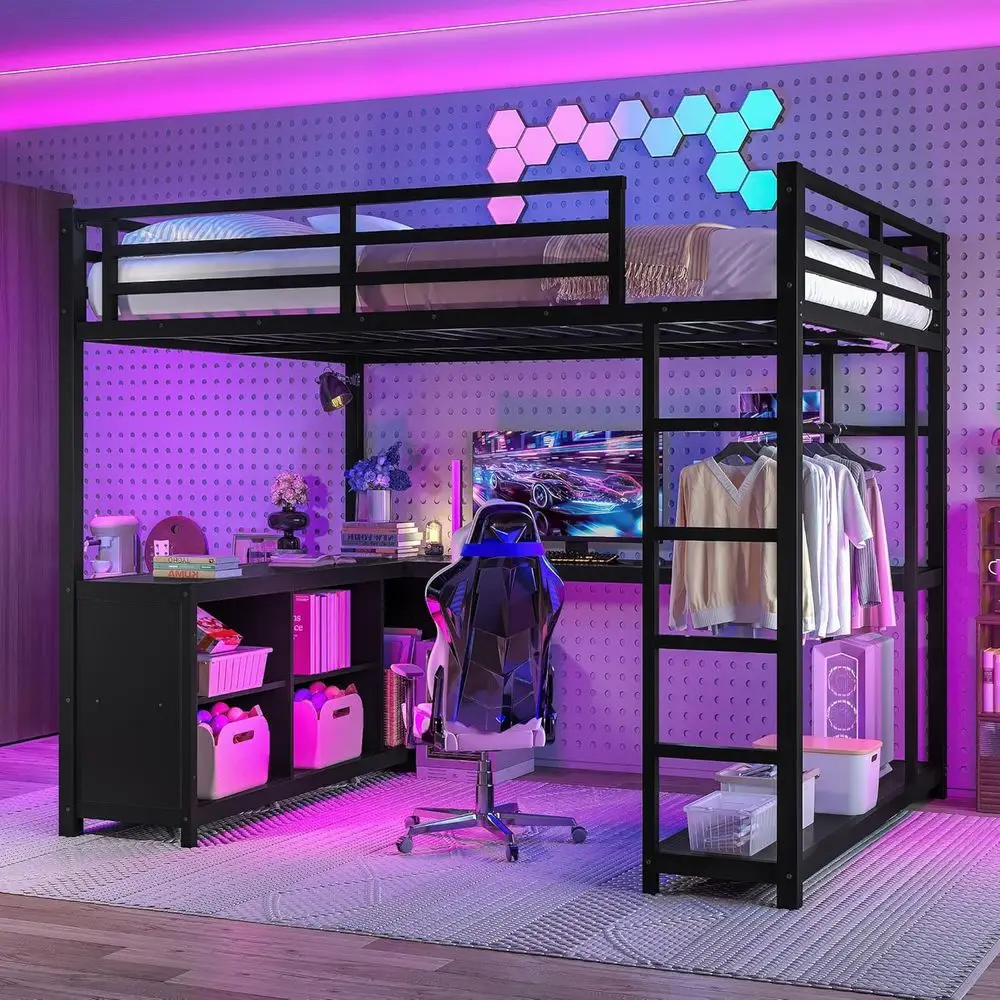 

Metal Queen Size Bed Set with L-Shaped Desk and Wardrobe, Ideal for Adults, Kids, and Teens, Black