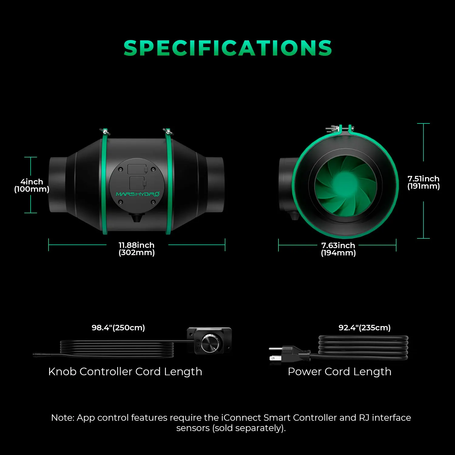 2025 Mars Hydro 4"6" Ifresh Smart Inline Ducting Fan Ventilation Fan with Variable Speed Controller for Grow Tent,Quiet AC-motor