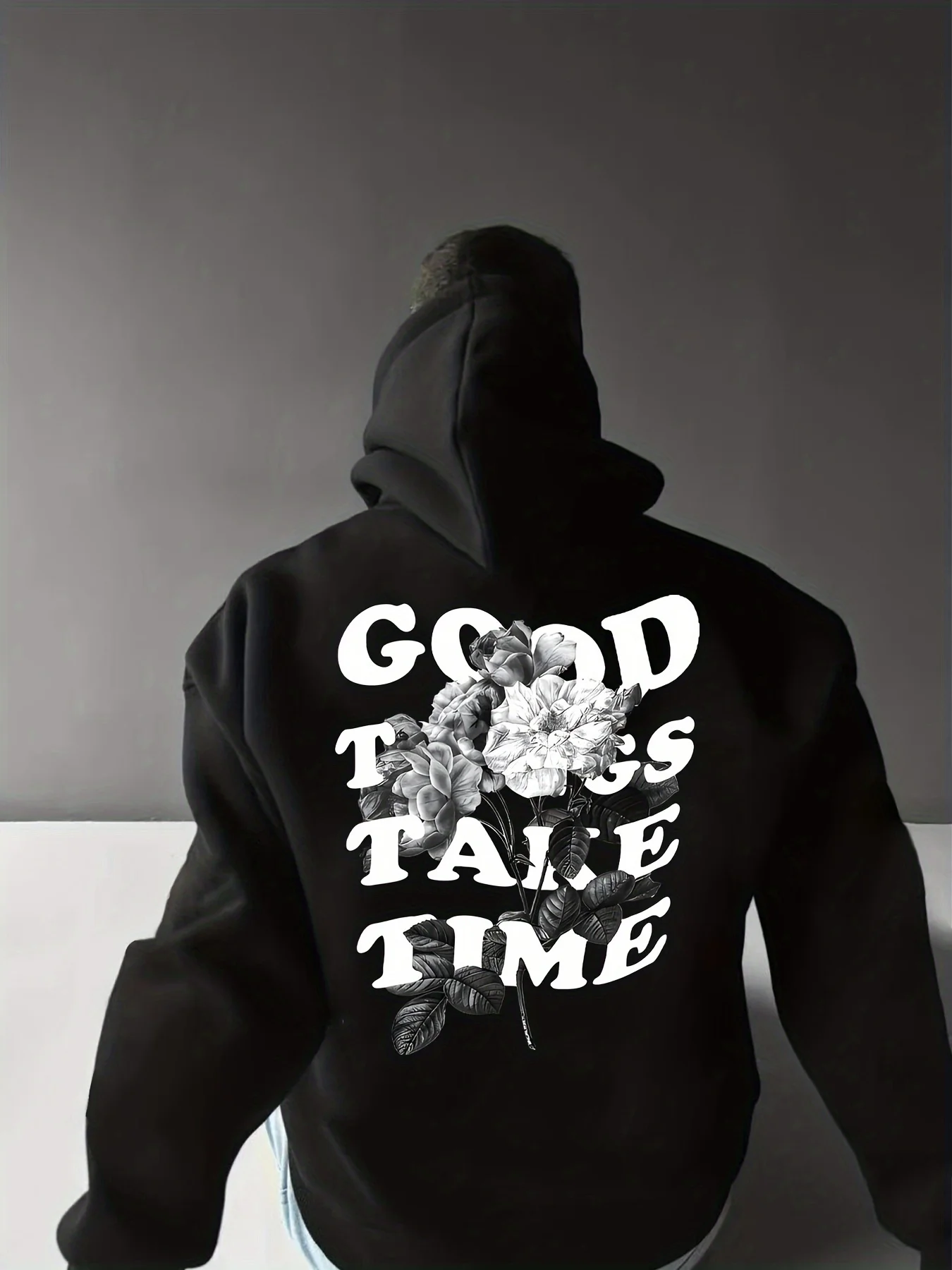 Men Good Things Take Time Flower Graphic Print Hoodie Casual Loose Pullover Hooded Sweatshirt Streetwear Tops