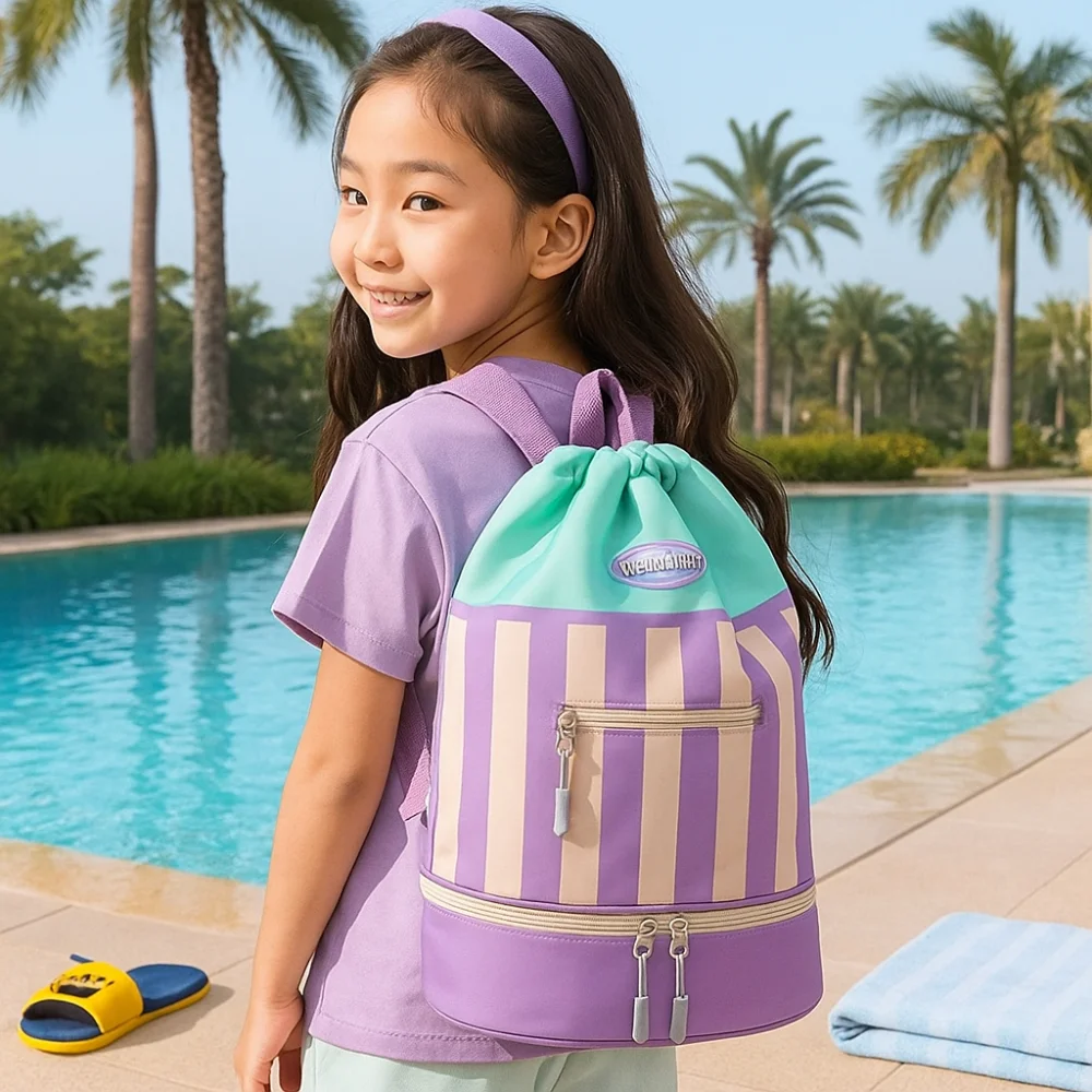 

Dry/Wet Separation Children's Swimming Backpack Large Capacity Lightweight Beach Bag Waterproof Striped Beach Backpack