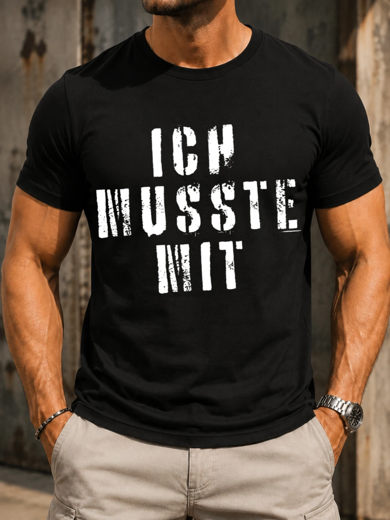 Ich Musste Mit German phrase in large distressed  lettering Graphic featuring a stark minimalist  Unisex All T-Shirt