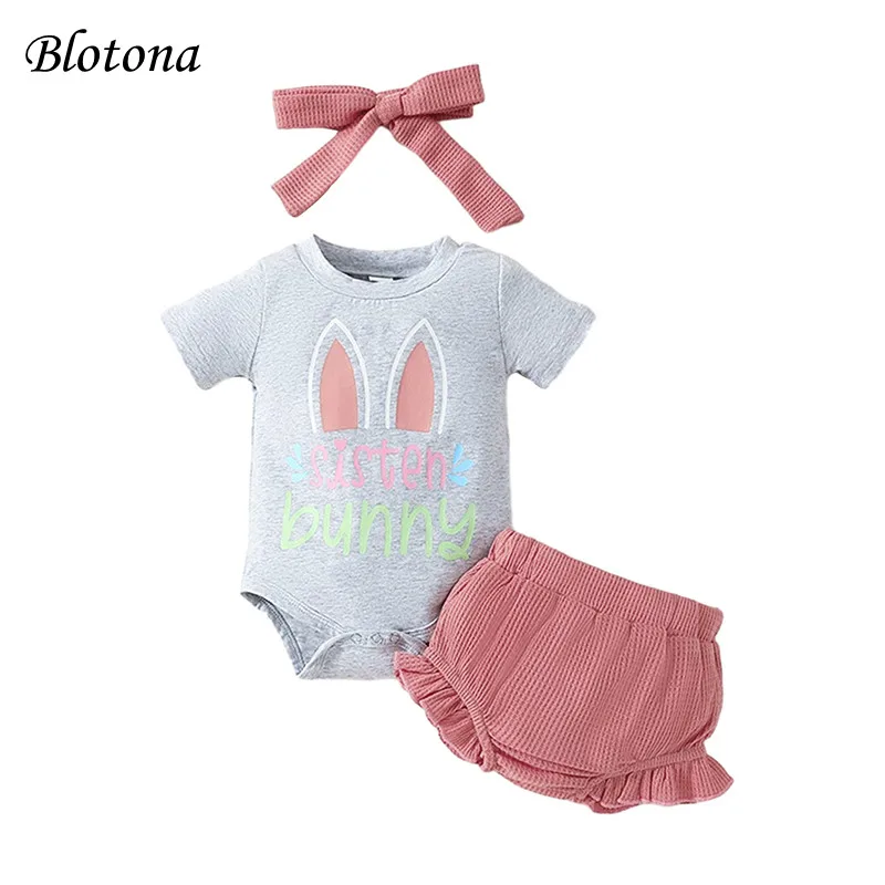 

Blotona Baby Girls Easter Shorts Set Short Sleeve Letter Rabbit Ear Print Romper Tops PP Shorts Headband Outfits